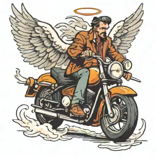 a man on a motorcycle with a angel flying next to him tattoo design idea