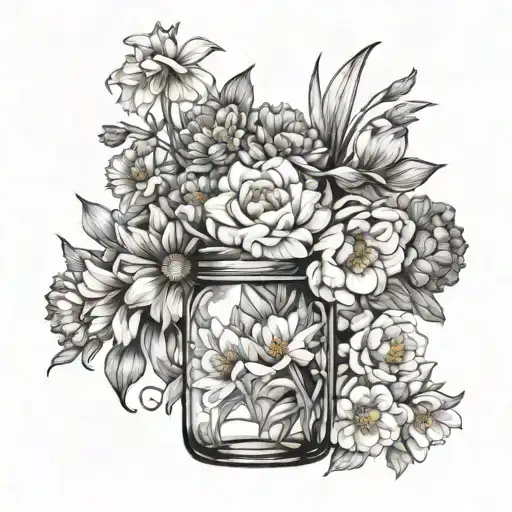 A mason jar, with flowers in it, with narcissus, marigolds, crysathemums, violets, and aster   tattoo design idea