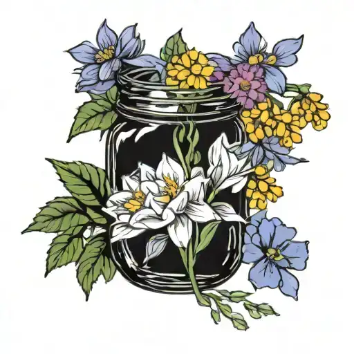 A mason jar, with flowers in it, with narcissus, marigolds, crysathemums, violets, and aster   tattoo design idea