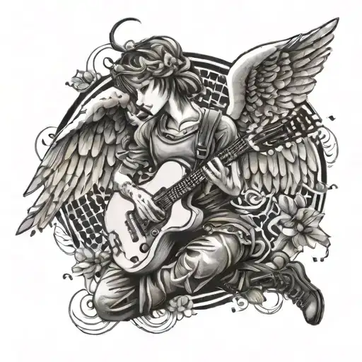 An anime-inspired tattoo of a guardian angel playing a guitar, symbolizing the client's love for anime, music, and spirituality tattoo design idea