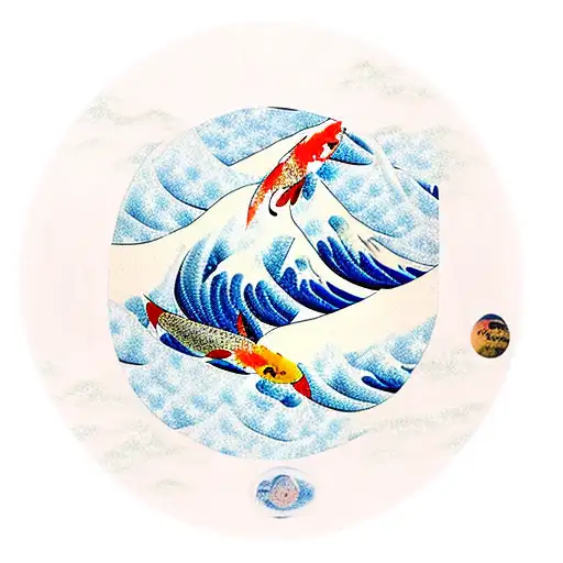 2 koi fish making a circle with the great wave off kanagawa painting in the middle, in the sky of sea "sword of orion" tattoo design idea