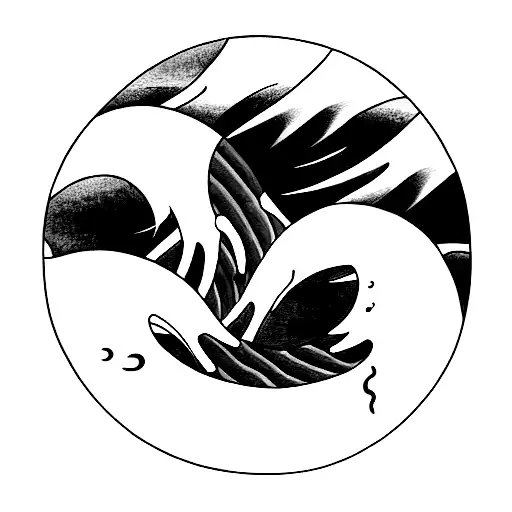 2 koi fish making a circle with the great wave off kanagawa painting in the middle, in the sky of sea "sword of orion" tattoo design idea