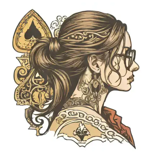 girl in profile with glasses, long straight brown hair, big nose, spasms, ace of spades card, text:Marjorie tattoo design idea