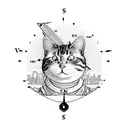 A civil engineer holding a compass with a cat sitting on their shoulder, overlooking a cityscape at night tattoo design idea