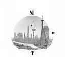 A civil engineer holding a compass with a cat sitting on their shoulder, overlooking a cityscape at night tattoo design idea