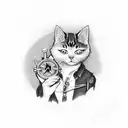 A civil engineer holding a compass with a cat sitting on their shoulder, overlooking a cityscape at night tattoo design idea