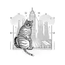 A civil engineer holding a compass with a cat sitting on their shoulder, overlooking a cityscape at night tattoo design idea