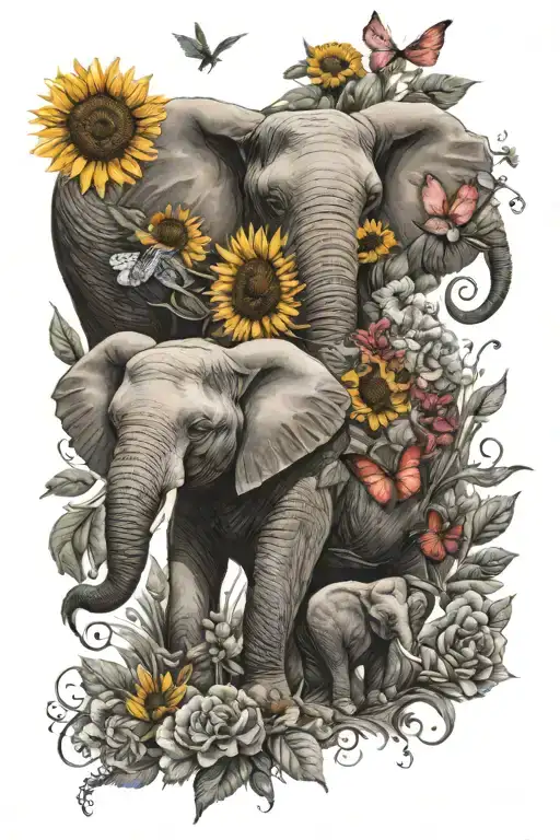 baby elephants, hummingbirds flying, sunflowers and carnations surrounding tattoo design idea