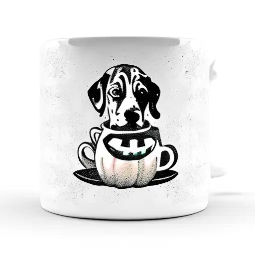 A Halloween-themed coffee mug with a dog silhouette tattoo design idea