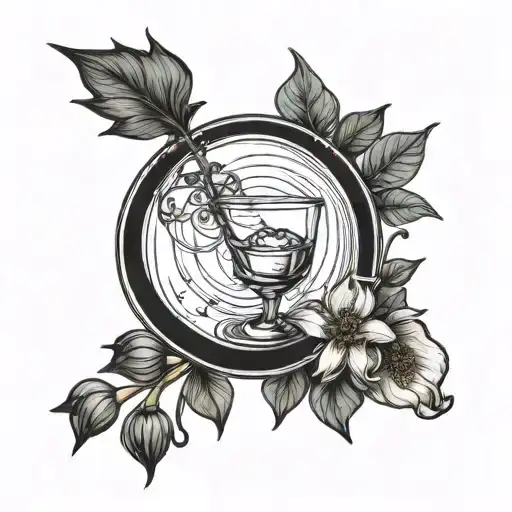 a manly tattoo containing a bluebell, the planet jupiter and a brandy glass tattoo design idea