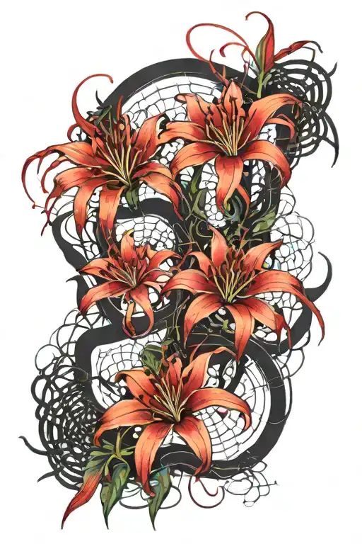 red spider lilies with webs and spiders for a thigh piece tattoo design idea