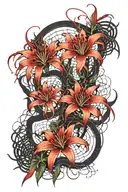 red spider lilies with webs and spiders for a thigh piece tattoo design idea