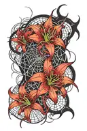 red spider lilies with webs and spiders for a thigh piece tattoo design idea