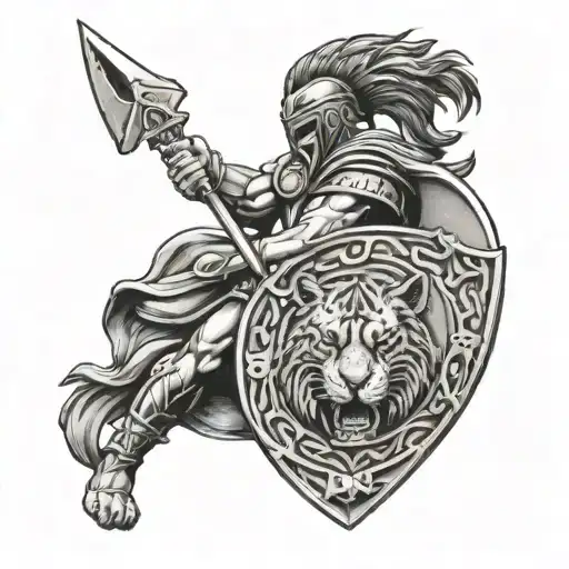 Spartan warrior holding a shield, with figure of a roaring tiger on the shield tattoo design idea