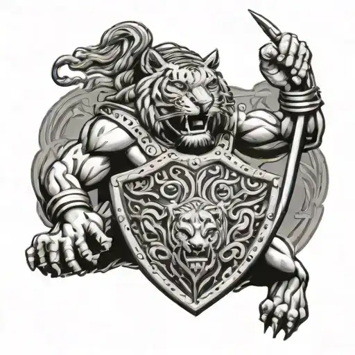 Roman warrior holding a shield, with figure of a roaring tiger on the shield tattoo design idea