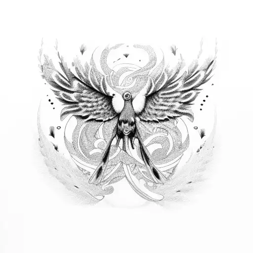 Tanatofobia surrounded by a swirling pattern of Cuervo feathers tattoo design idea