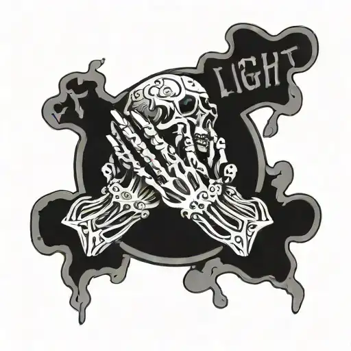skeleton praying hands holding and text above that says fight dealer tattoo design idea