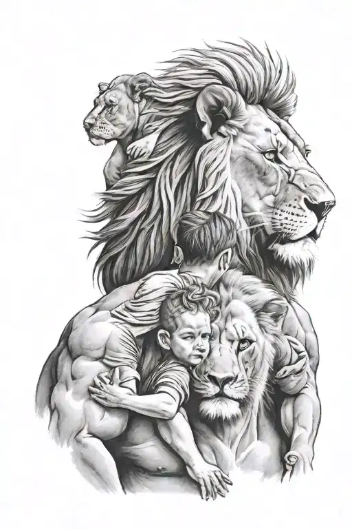 LION AND SON ON DAD SHOULDERS tattoo design idea