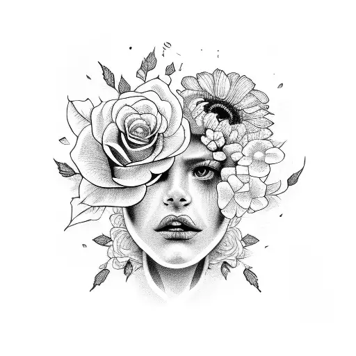 rostro de chica con flores y un hongo tattoo design idea