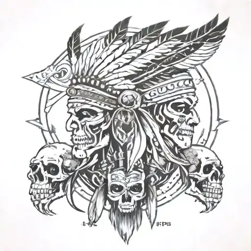 Indian warrior mountains skulls tattoo design idea