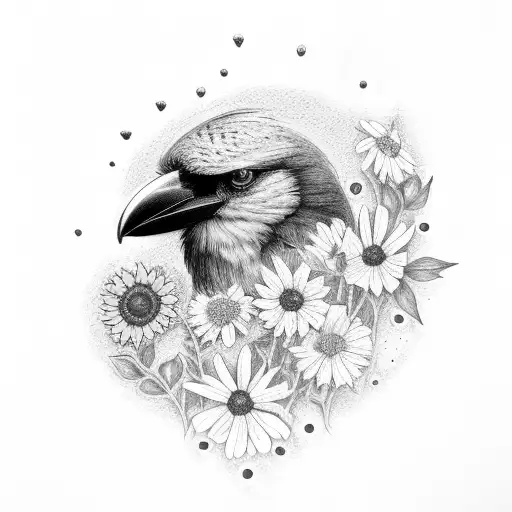 crow with wildflowers and sunflowers sternum tattoo design idea