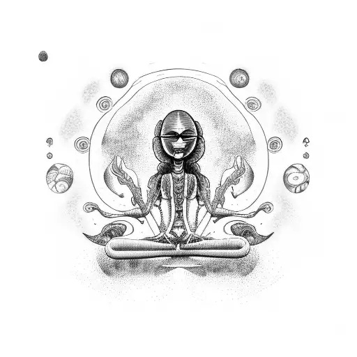 Hippies alien meditating with psychedelic marijuana. Hair of alien must be with RNA and DNA strains  tattoo design idea