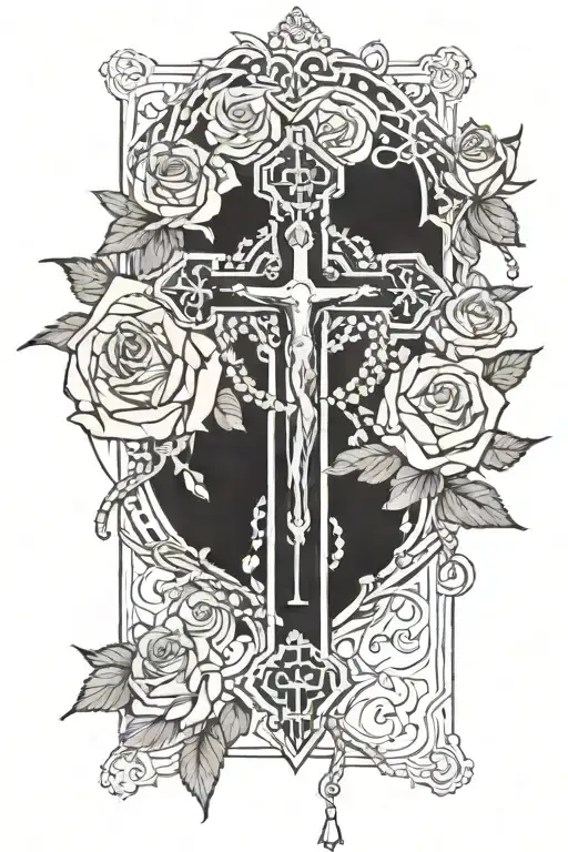 A cross entwined with a rosary and sketched roses in the background  tattoo design idea