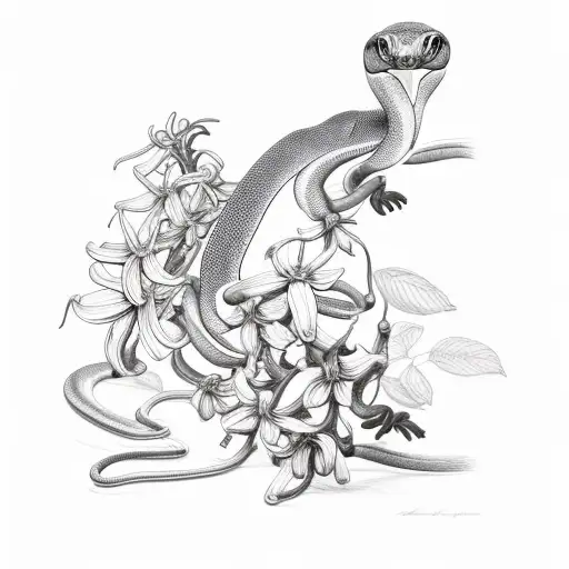 Peruvian red tail boa constrictor wrapped around honeysuckle flowers tattoo design idea