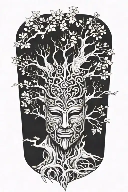 Combine elements of a Kota mask and an oak tree to create a unique design symbolizing strength and growth tattoo design idea