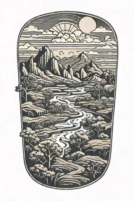 Design a tattoo of a Texas landscape with a Kota mask hidden within the scenery, symbolizing the client's connection to their cultural roots tattoo design idea