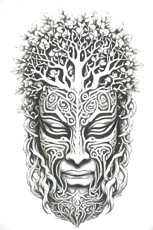 Combine elements of a Kota mask and an oak tree to create a unique design symbolizing strength and growth tattoo design idea
