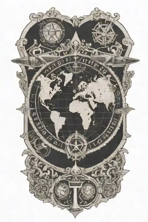 An intricate black and grey tattoo of a passport stamp with religious symbols intertwined with a Cessna 172 tattoo design idea