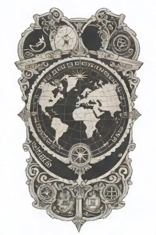 An intricate black and grey tattoo of a passport stamp with religious symbols intertwined with a Cessna 172 tattoo design idea