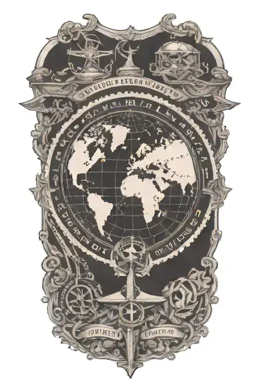 An intricate black and grey tattoo of a passport stamp with religious symbols intertwined with a Cessna 172 tattoo design idea