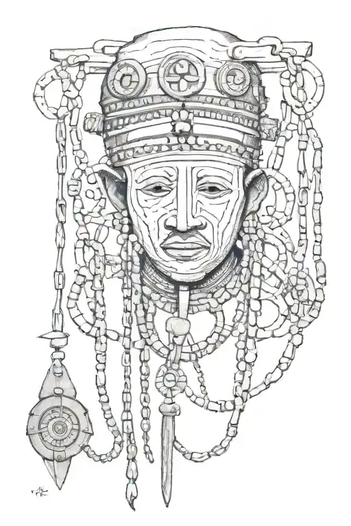 Kota mask slave chains ancestor compass guide Hausa Fulani tattoo design idea