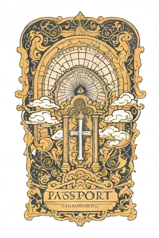 A passport stamp featuring a heavenly gate with a Bible verse inscribed, surrounded by celestial clouds tattoo design idea