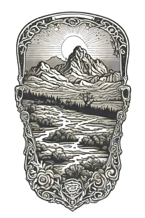 Design a tattoo of a Texas landscape with a Kota mask hidden within the scenery, symbolizing the client's connection to their cultural roots tattoo design idea