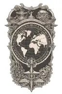 An intricate black and grey tattoo of a passport stamp with religious symbols intertwined with a Cessna 172 tattoo design idea