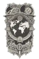 An intricate black and grey tattoo of a passport stamp with religious symbols intertwined with a Cessna 172 tattoo design idea