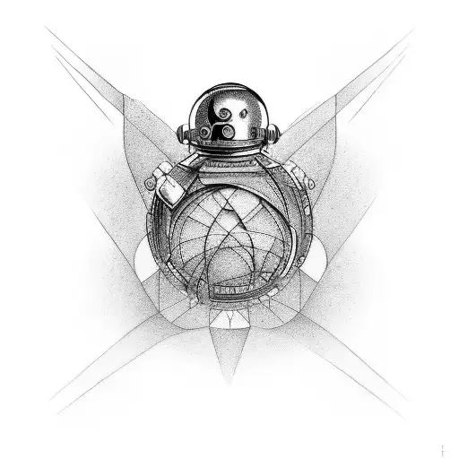 Generate a tattoo design that combines elements of the Hitchhiker's Guide to the Galaxy, space, geometry, quantum mechan tattoo design idea