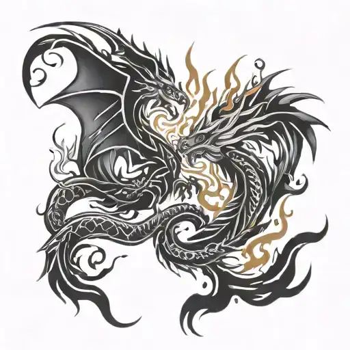 dragon and Phoenix rising from flames coming together tattoo design idea