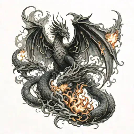 dragon and Phoenix rising from flames coming together tattoo design idea