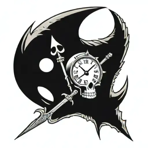 Neptune's trident passing through a skull that has a clock in its eye marking 6 o'clock tattoo design idea