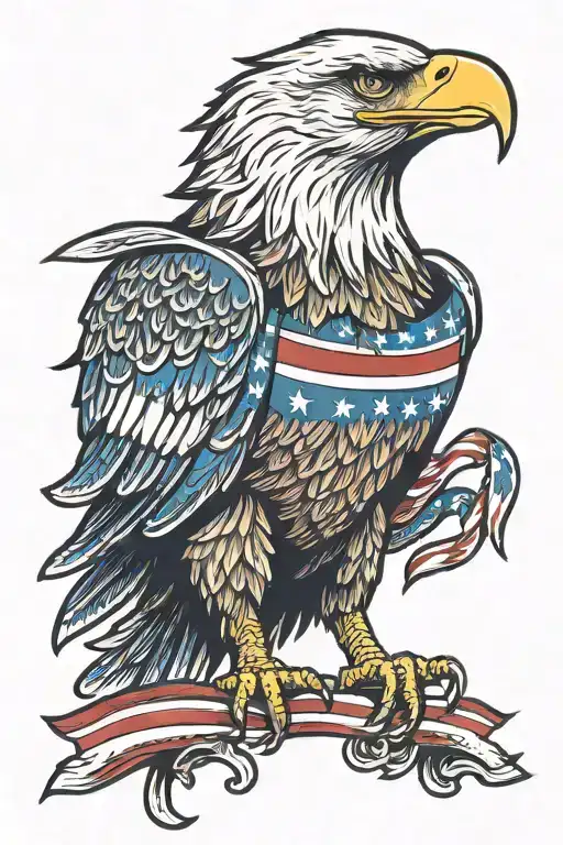 Traditional style eagle with outstretched wings clutching the American flag in its beak tattoo design idea