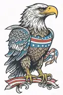 Traditional style eagle with outstretched wings clutching the American flag in its beak tattoo design idea