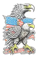 Traditional style eagle with outstretched wings clutching the American flag in its beak tattoo design idea