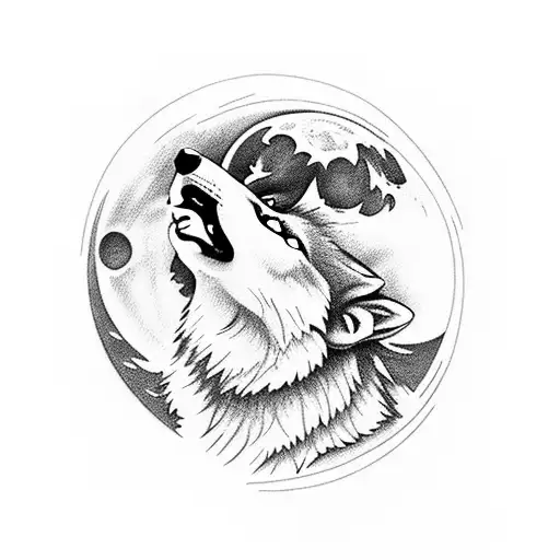 wolf howling at moon with pine trees tattoo design idea