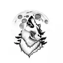 wolf howling at moon with pine trees tattoo design idea