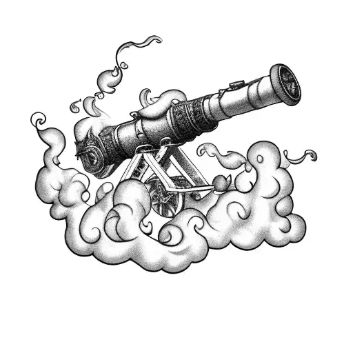 Cannon with clouds of smoke and large leaves  tattoo design idea