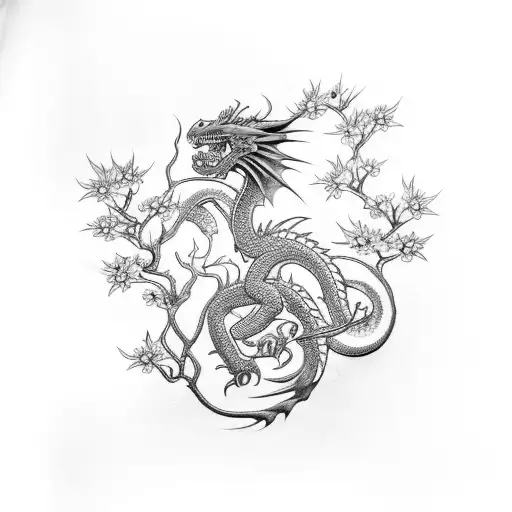 A dragon intertwined with a blooming cherry blossom tree tattoo design idea